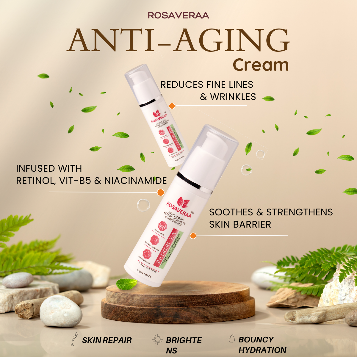 Anti Ageing Cream | 30gm
Reduces Wrinkles & Fine Lines Infused with Retinol, Vit-B5 & Niacinamide