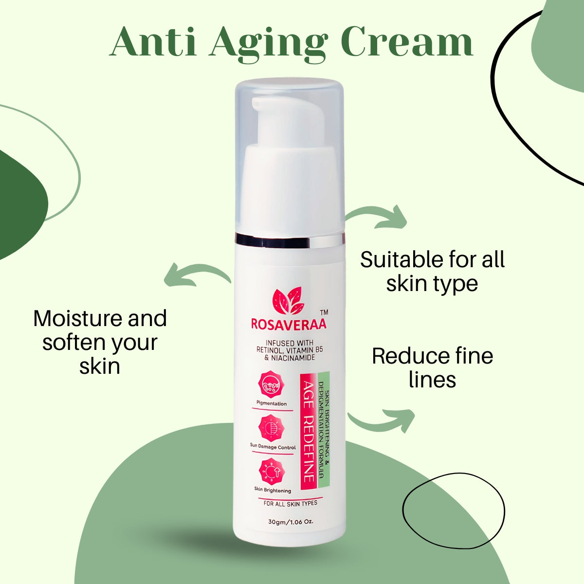 Anti-aging cream bottle with Rosaveraa branding on a green background
