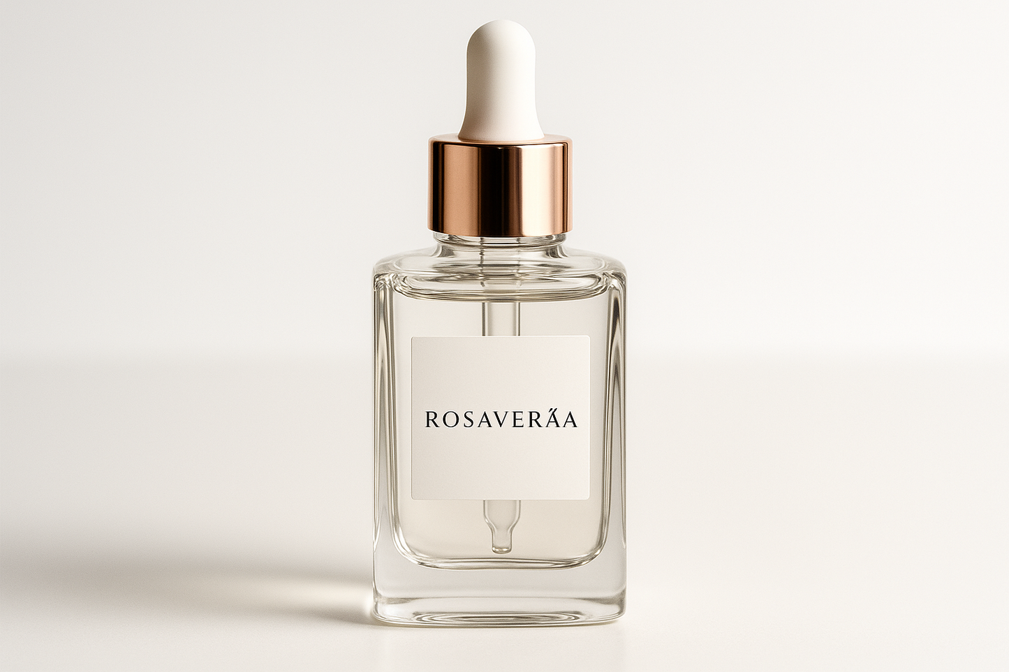 generate dummy product image with brand name ROSAVERAA. glass serum bottle with dipper.