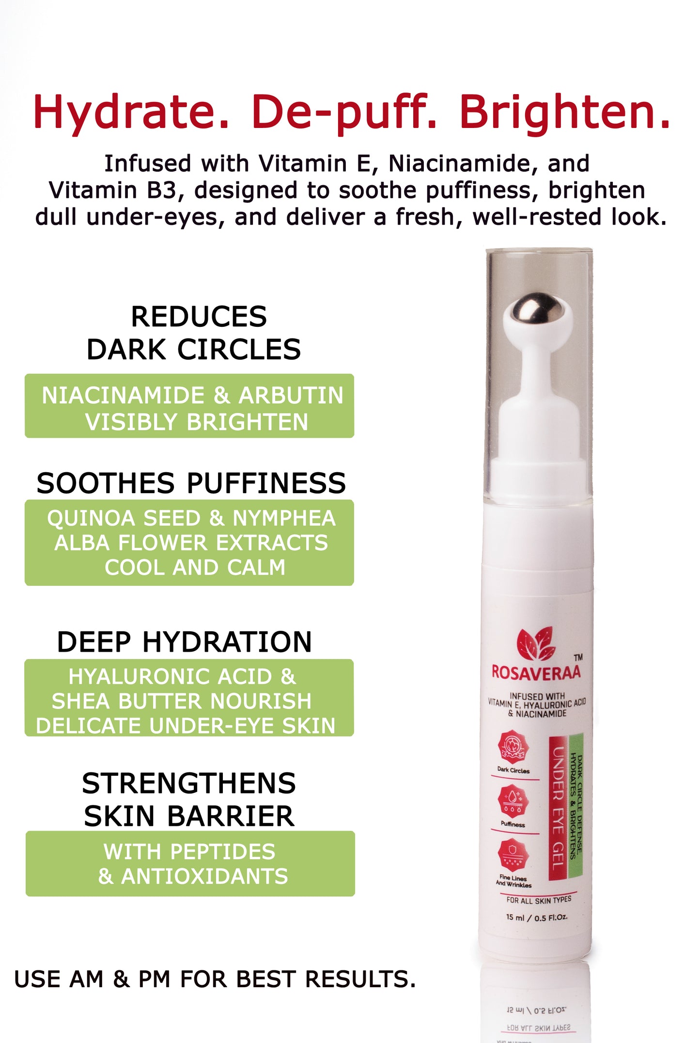 Under Eye Cream Gel for Dark Circles, Puffy Eyes & Wrinkles for Women & Men, 15ML