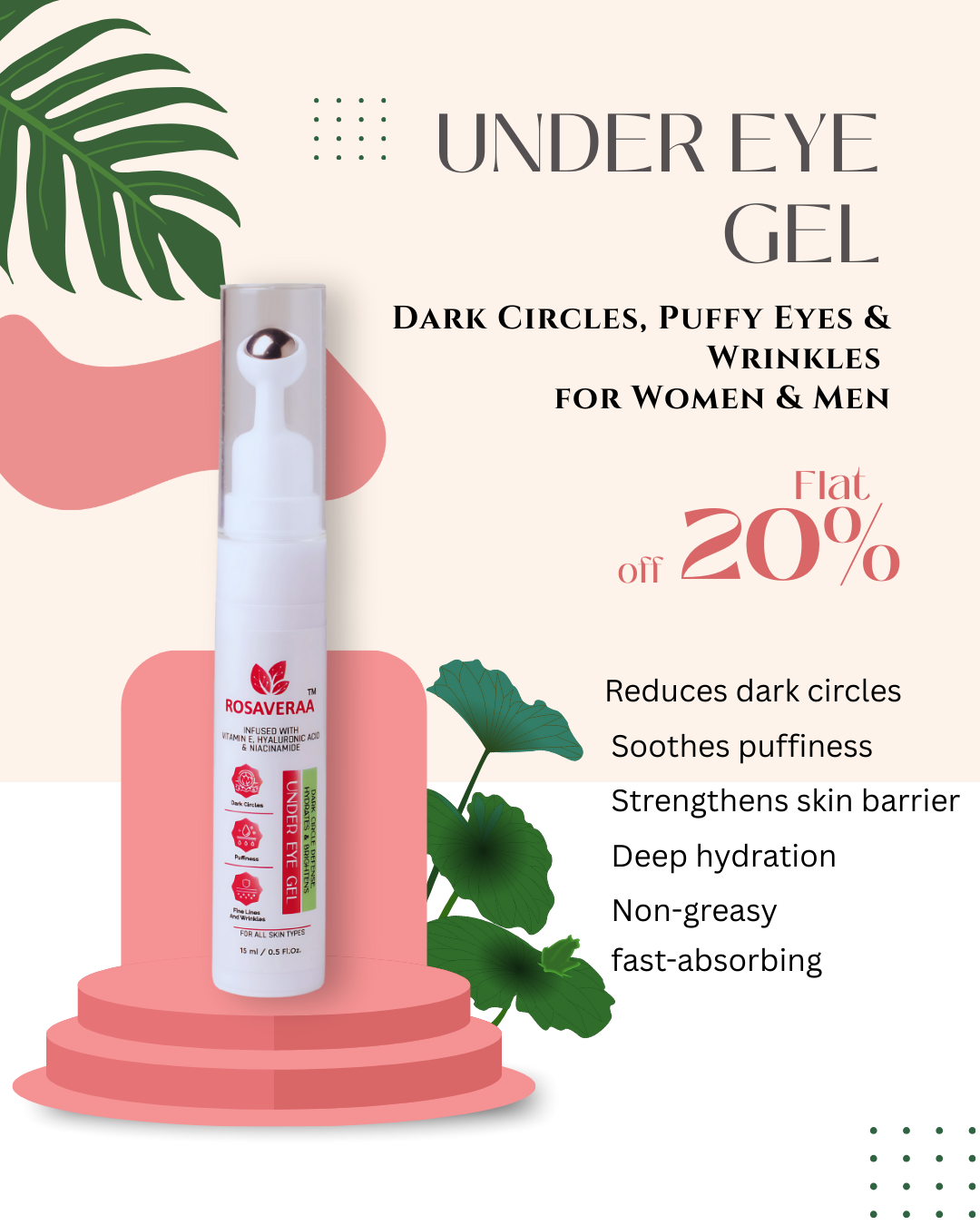 Under Eye Cream Gel for Dark Circles, Puffy Eyes & Wrinkles for Women & Men, 15ML