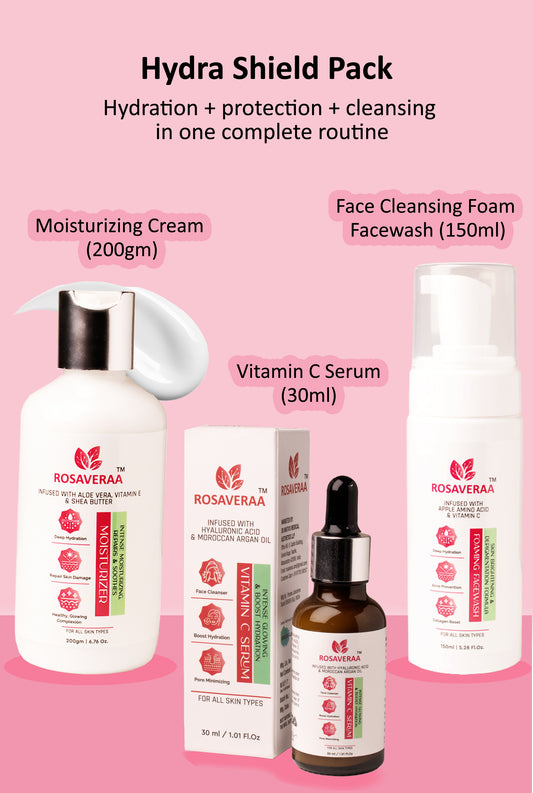 Hydra Shield Pack (Moisturizing Cream (200gm) + Vitamin C Serum + Foam Facewash complete routine)