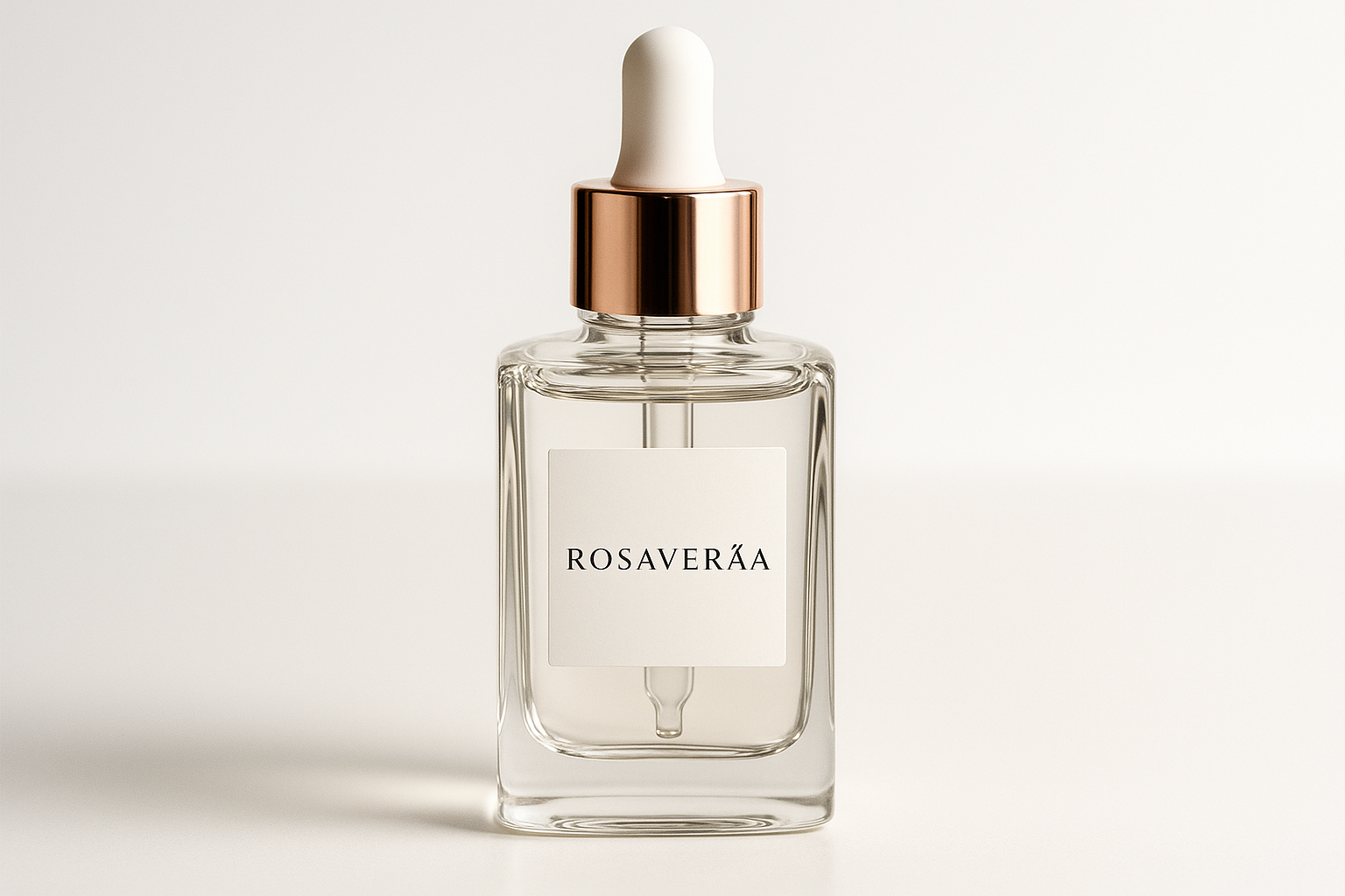 generate dummy product image with brand name ROSAVERAA. glass serum bottle with dipper. 