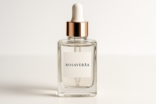generate dummy product image with brand name ROSAVERAA. glass serum bottle with dipper. 